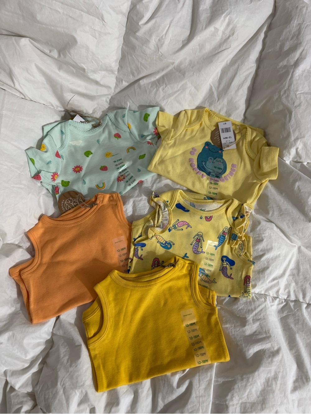 Baby Tank & Bodysuit Set 5 pieces. Yellow, Orange, Mint & Pastel Prints
